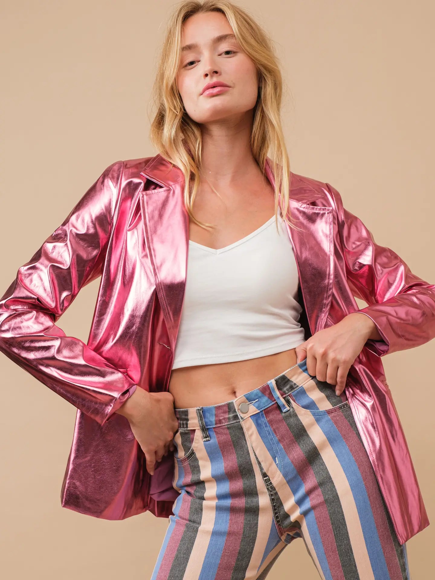 Pink Metallic Blazer Jacket