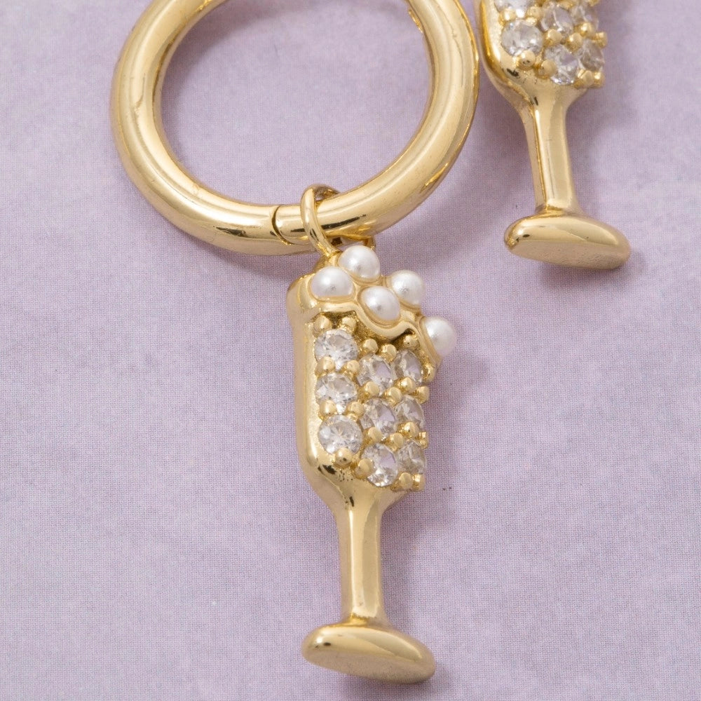 Gold Dipped Cz Pearl Champagne Charm Hoop Earrings