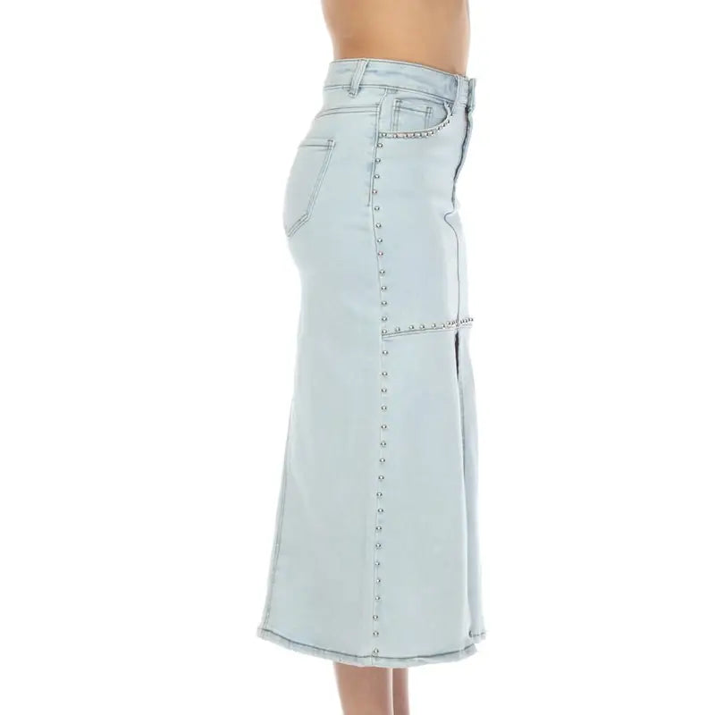 Stone Embellished Denim Long Skirt