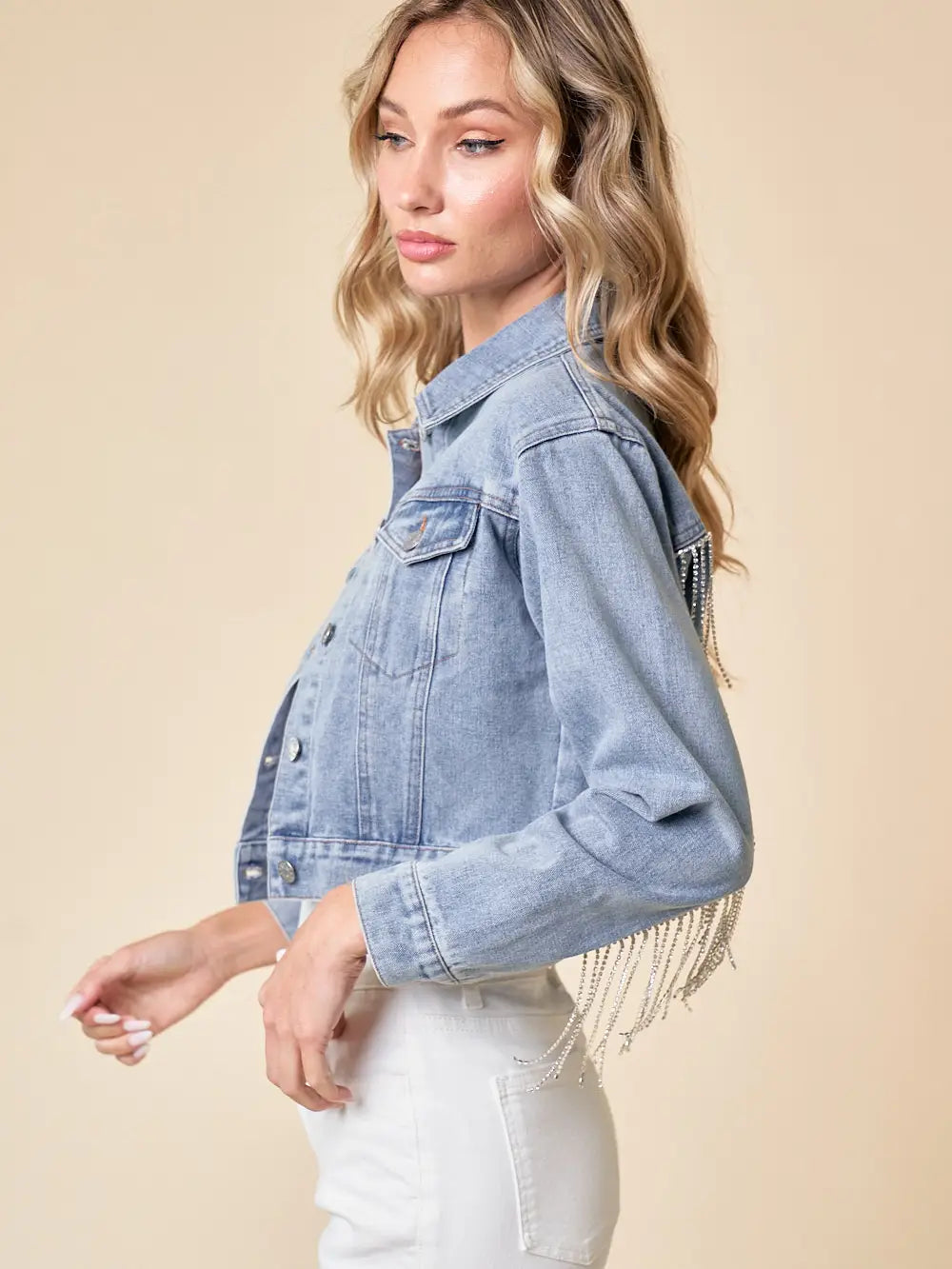 denim and rhinestone cropped jacket